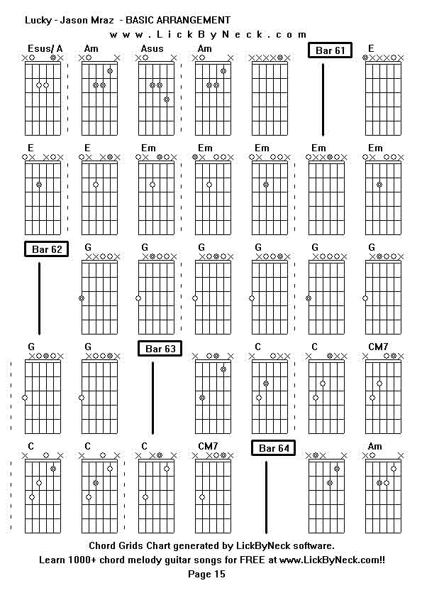 Chord Grids Chart of chord melody fingerstyle guitar song-Lucky - Jason Mraz  - BASIC ARRANGEMENT,generated by LickByNeck software.